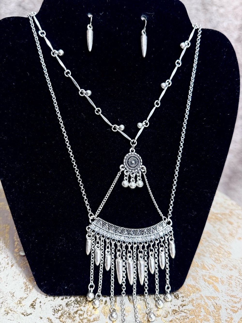NWT Boho Silver-Tone Layered Fringe Necklace & Earrings Set